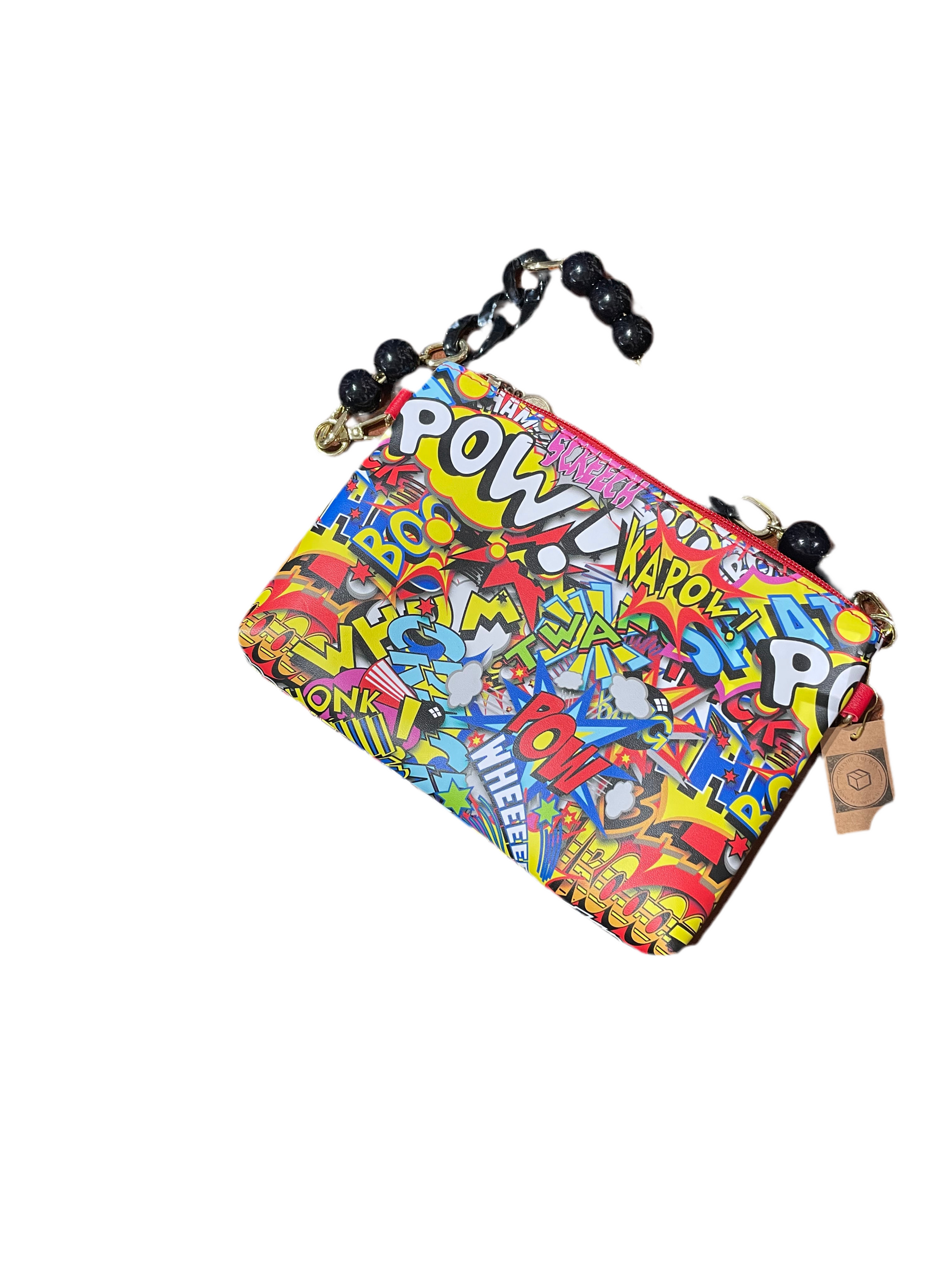 Pochette colorée en forme de bande dessinée avec bandoulière noire