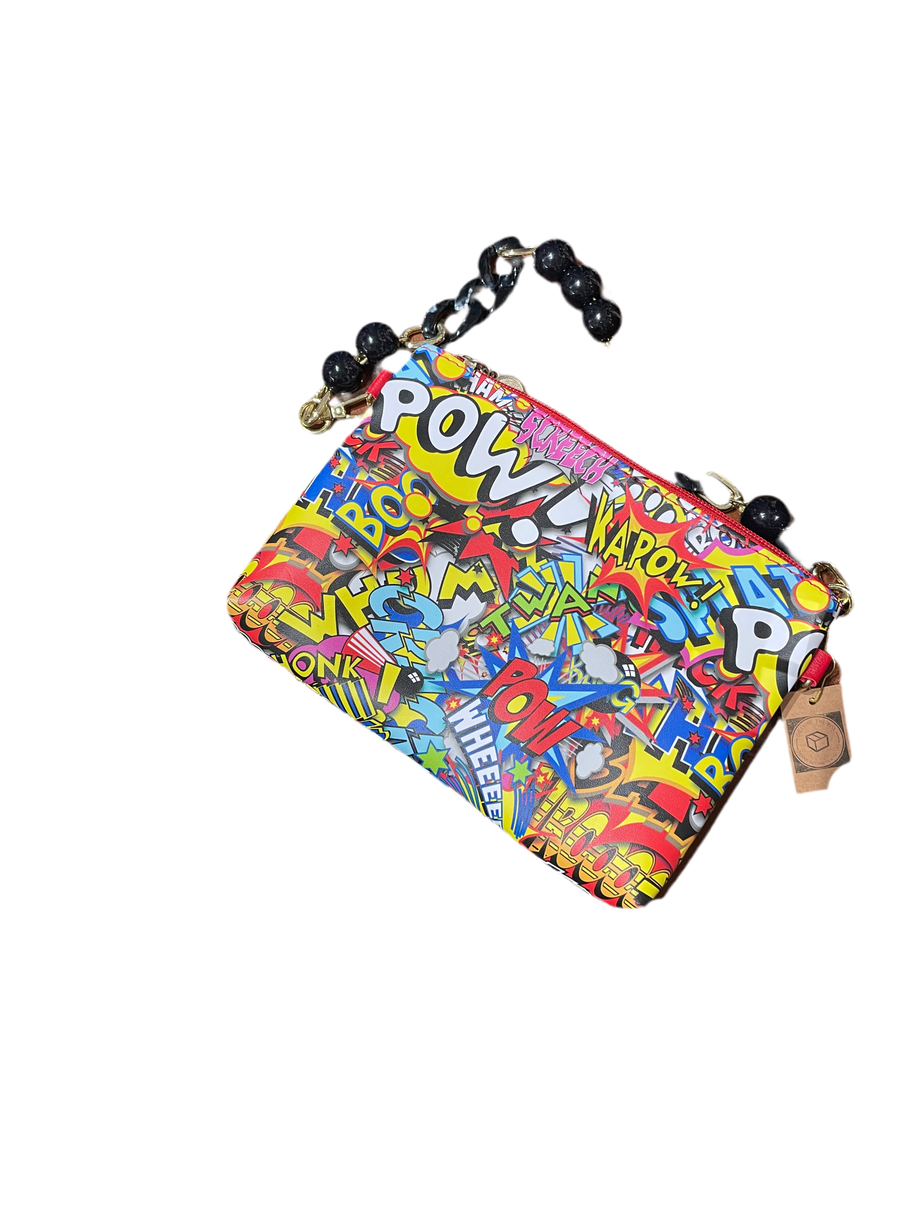 Colourful comic clutch with black strap
