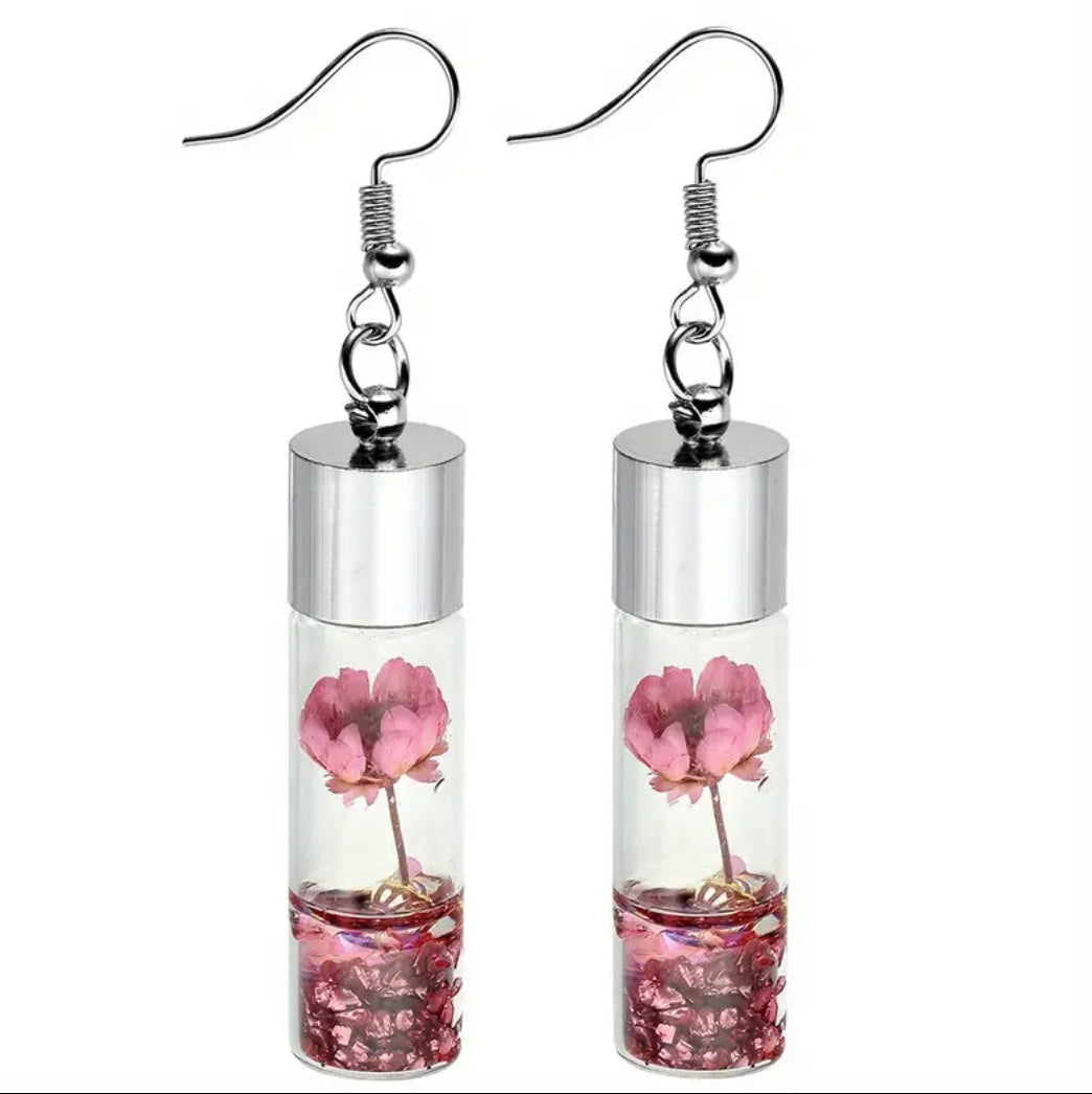 Dried Flowers in glass bottle hook earrings