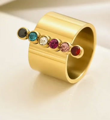 Multicoloured 14k gold plated stainless steel Zircon ring