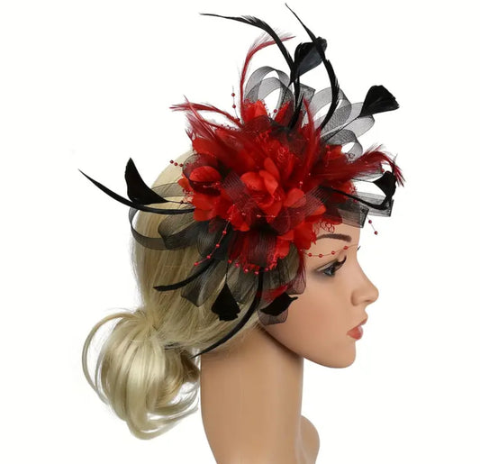 Black & Red Floral Feather Derby Fascinator Hat