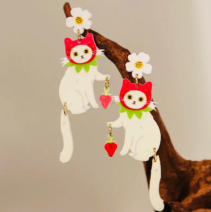 Dangling White Cat Earrings