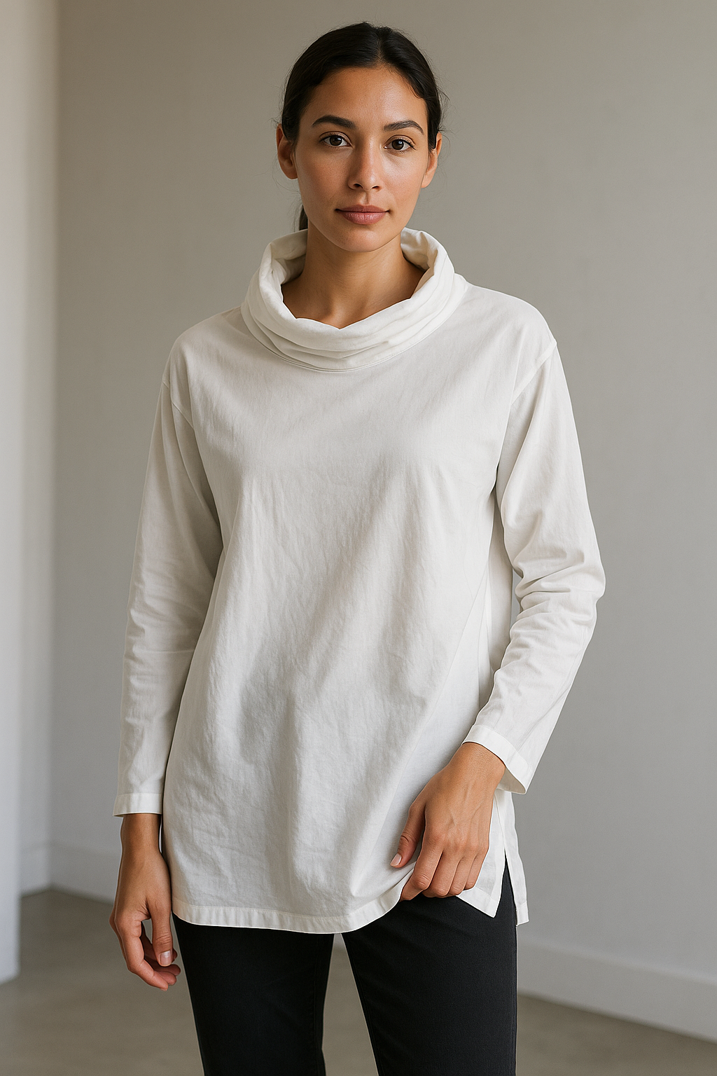 Draped Cowl-Neck Cotton Tunic