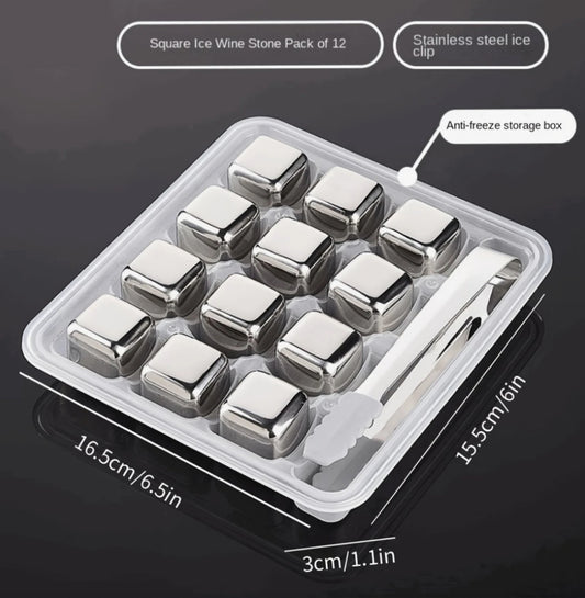 Reusable Stainless Steel 12 Ice Cubes with Tongs