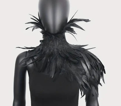 Asymmetrical high neck feather shawl