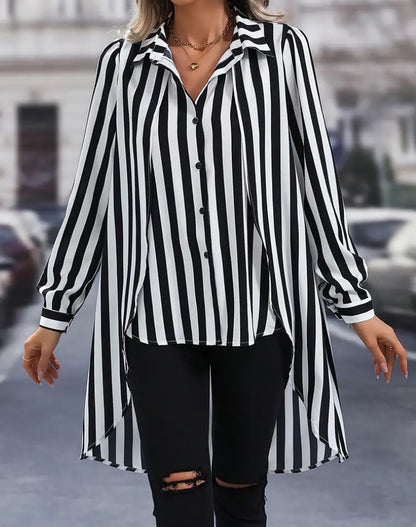 Striped One-Piece Collared Shirt-Coat