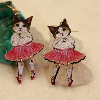 Wooden Ballerina Cat Earrings