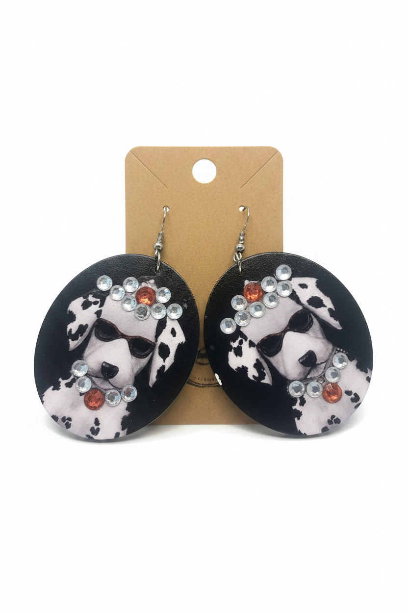 Sparkle dog with sunglasses on wood earrings