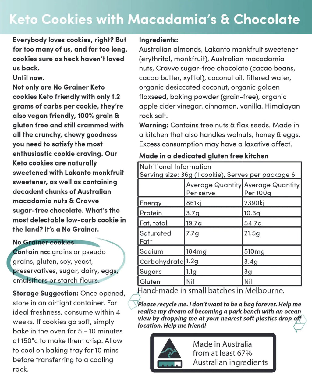 Sugar-Free Macadamia Chocolate Chip Keto Cookie  (10 Pack)
