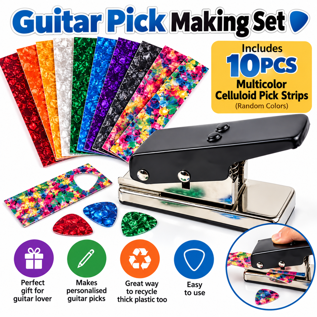 Guitar Pick Making Set – Pick Punch Cutter with 10 Multicolour Strips