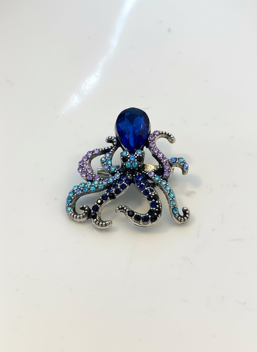 Blue Diamanté Octopus Brooch