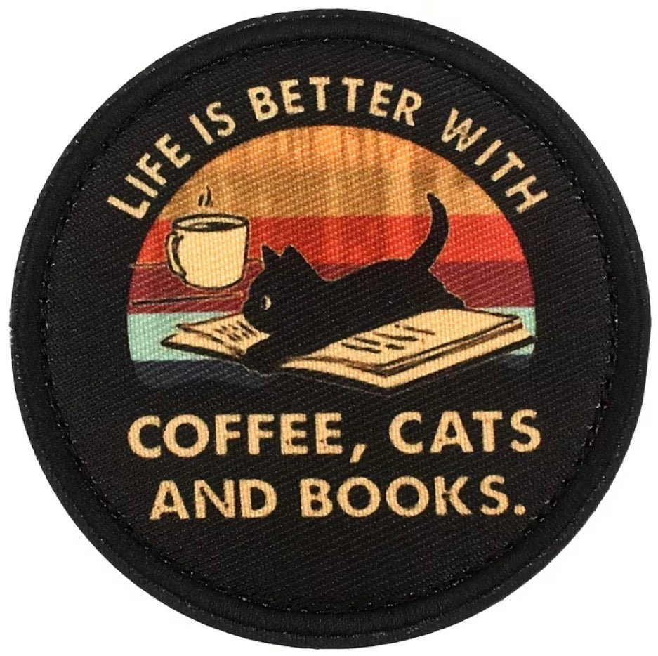 Coffee, Cats & Books Embroidered Patch