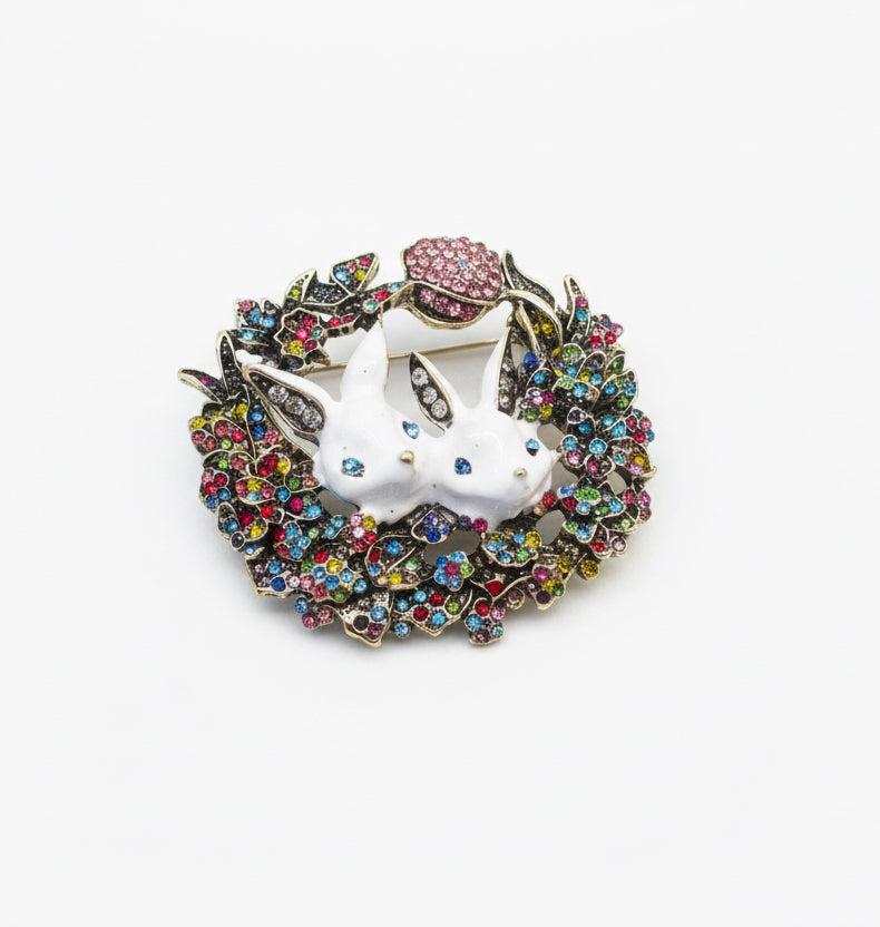 Easter Bunny Diamante Wreath Brooch