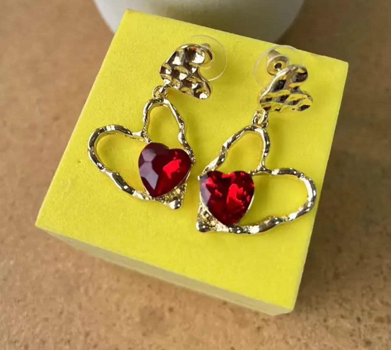 Hammered Golden Red Heart Earrings