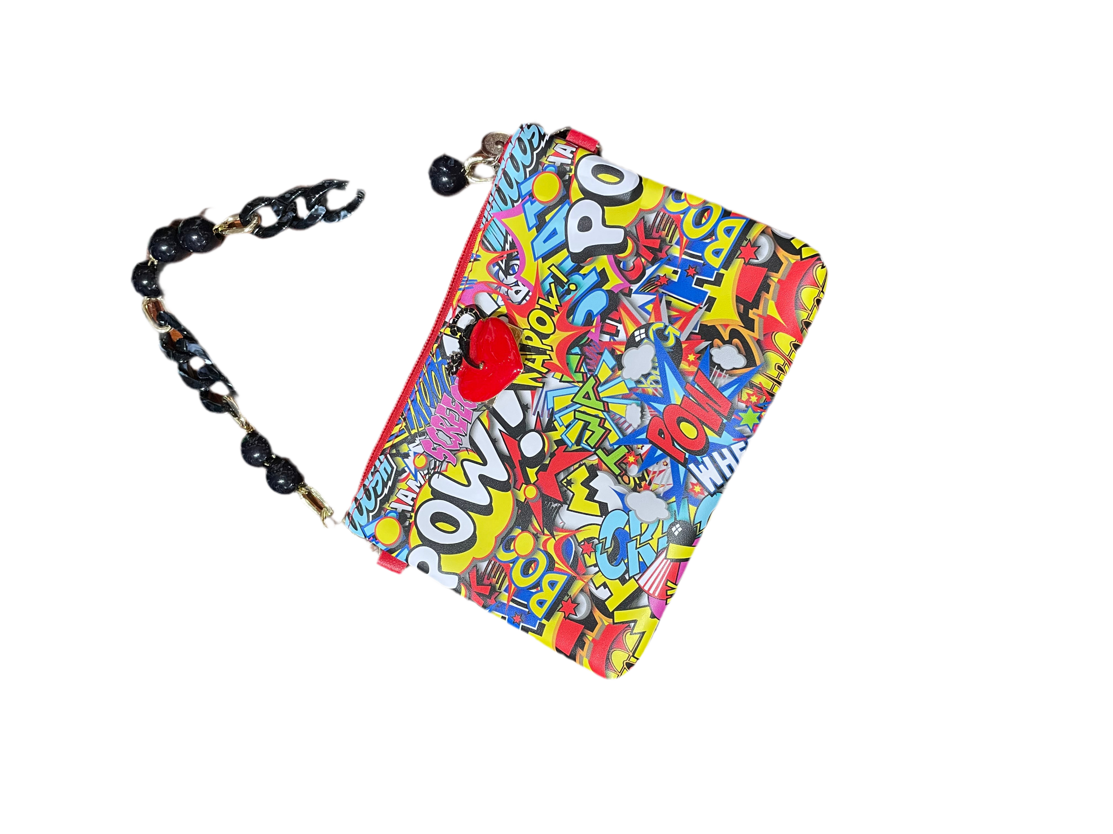 Colourful comic clutch with black strap