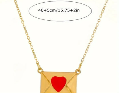 Red heart on gold envelope charm necklace