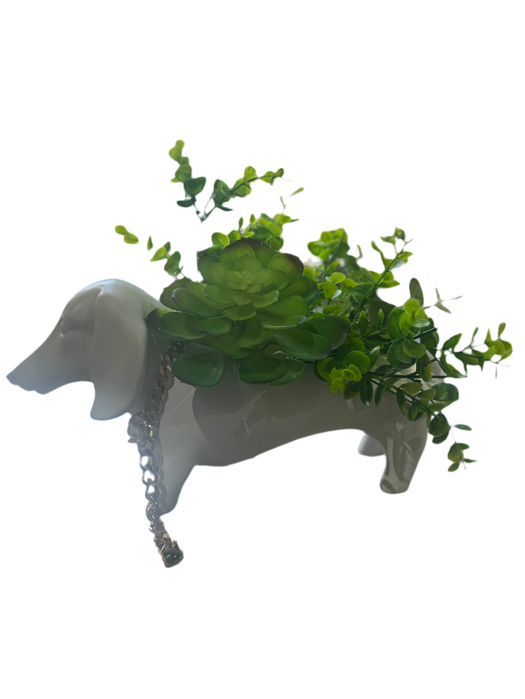 Pot de fleurs teckel avec chaîne dorée et verdure