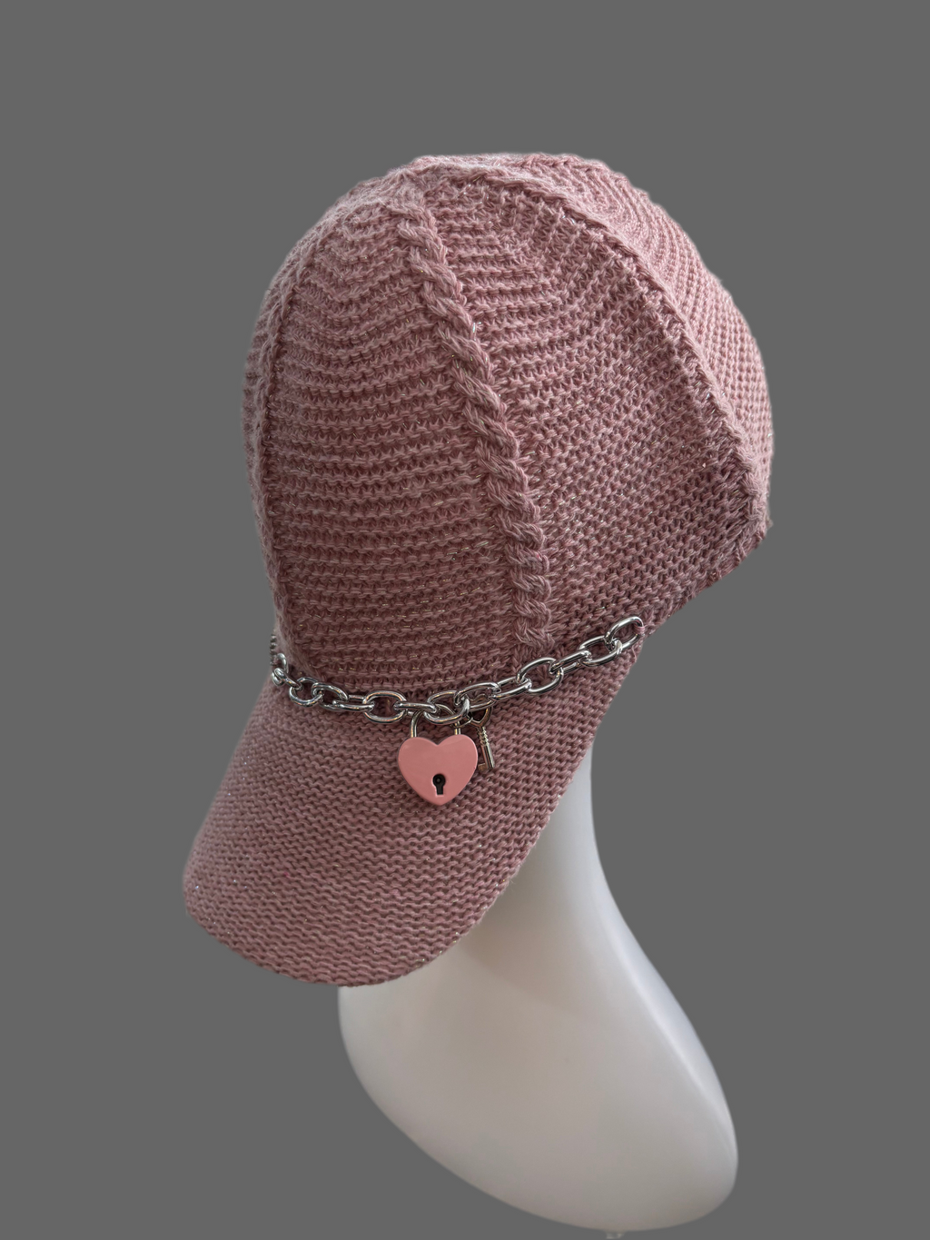 Pink lock and key crochet cap