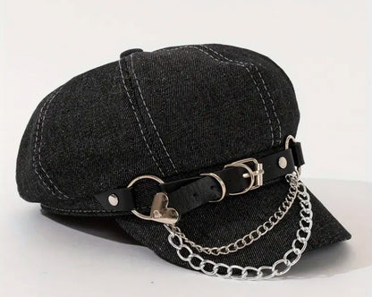 Black Newsboy Cap with chains