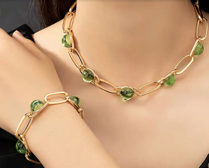 Gold-plated green glass necklace bracelet set