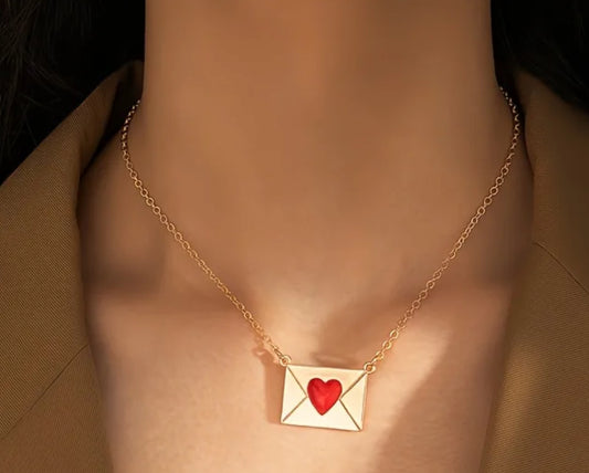 Red heart on gold envelope charm necklace