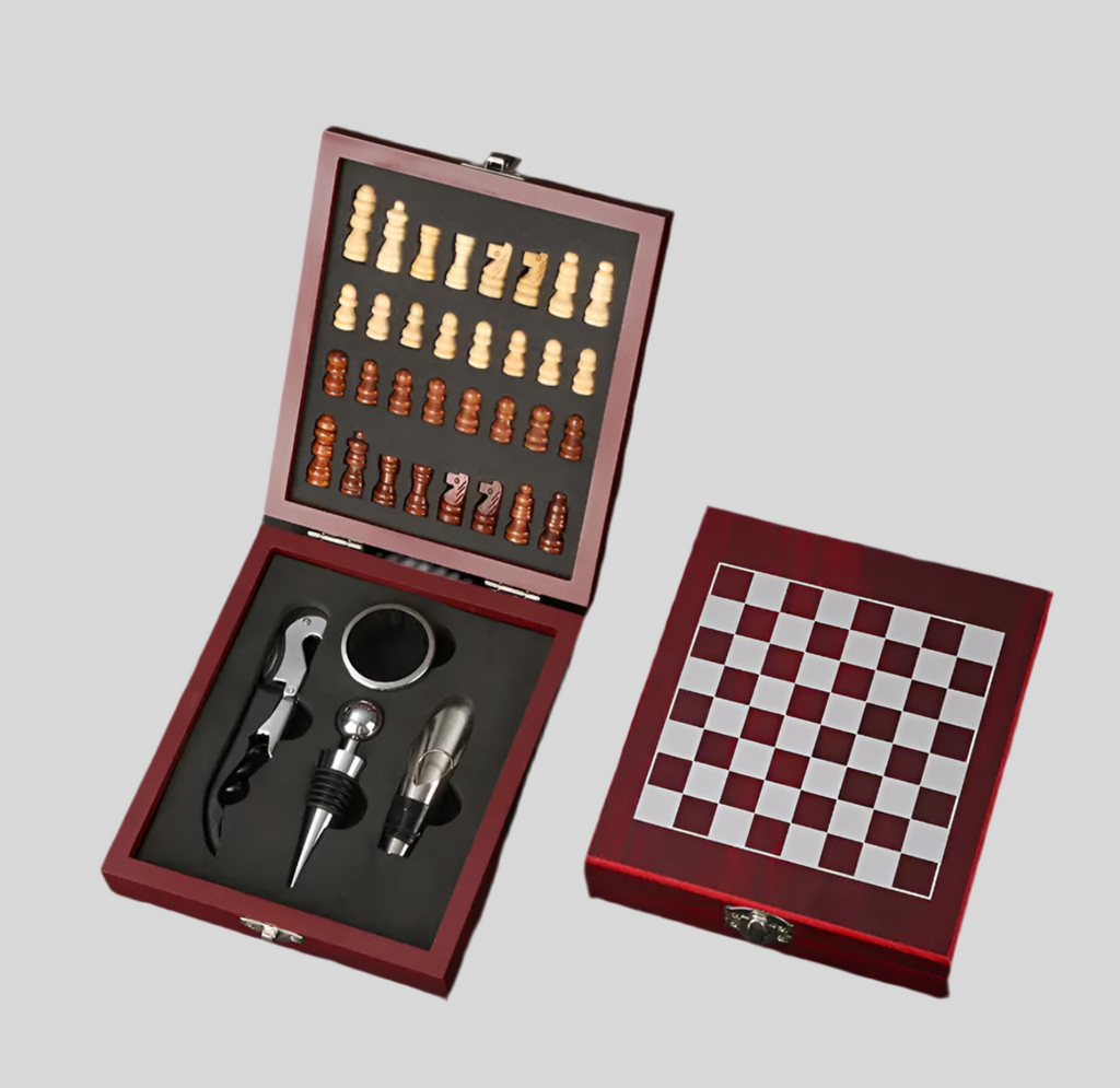 Wooden Chess Set with Wine Bottle Opener & Stopper