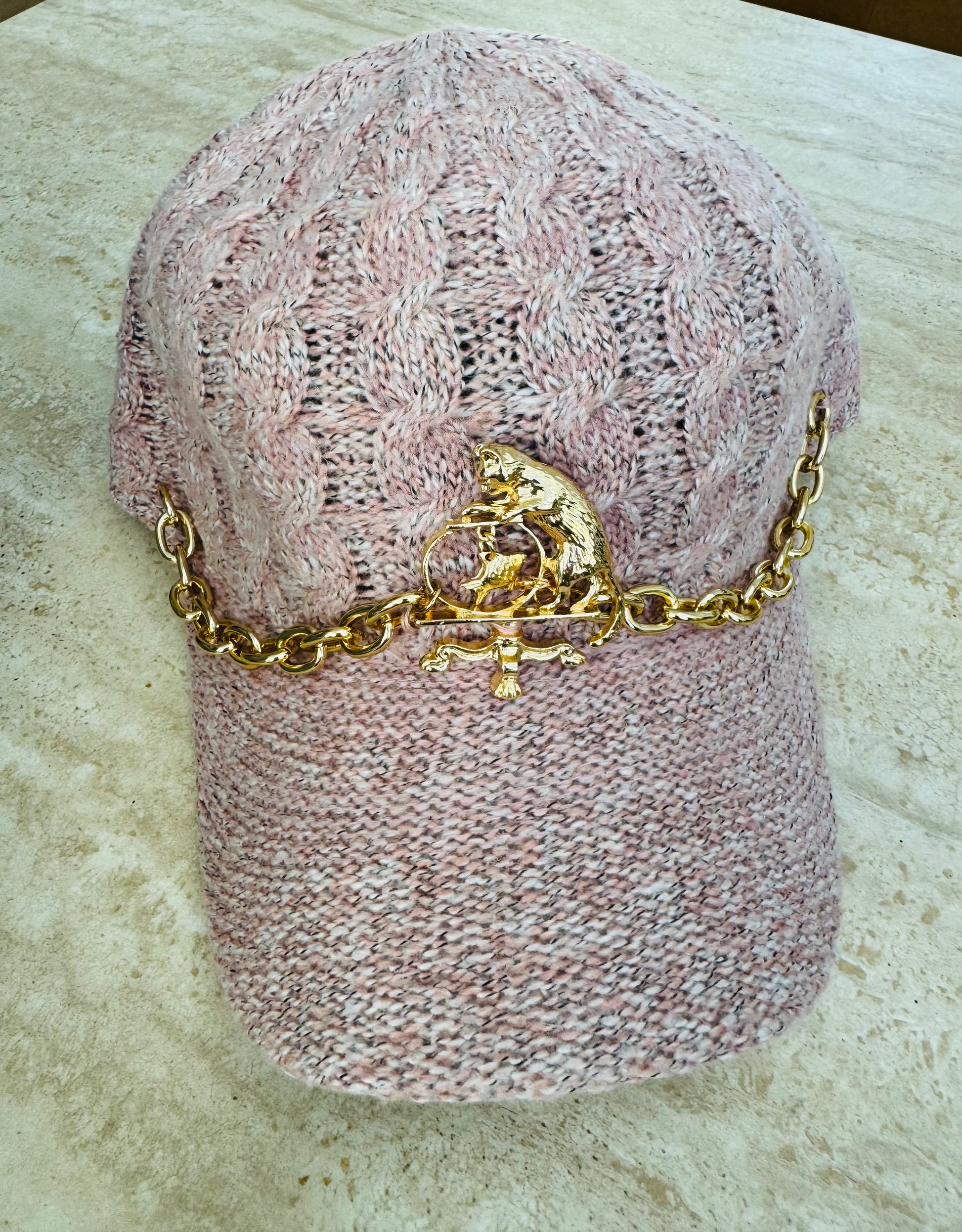 Pink Knitted Cat and Chain cap