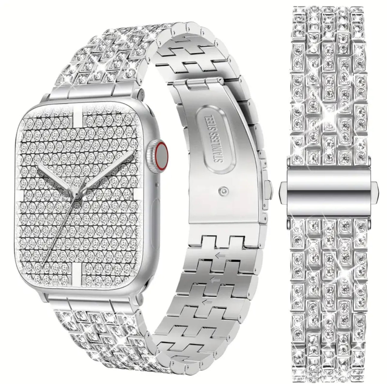 Bracelet de montre Apple Watch en acier inoxydable avec strass (42, 44, 45 et 49 mm)
