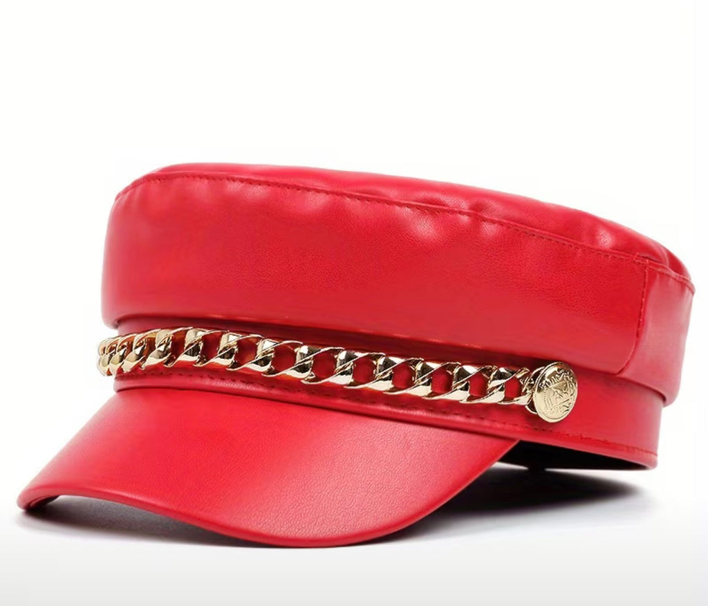 Red Newsboy Cap with Gold Chain