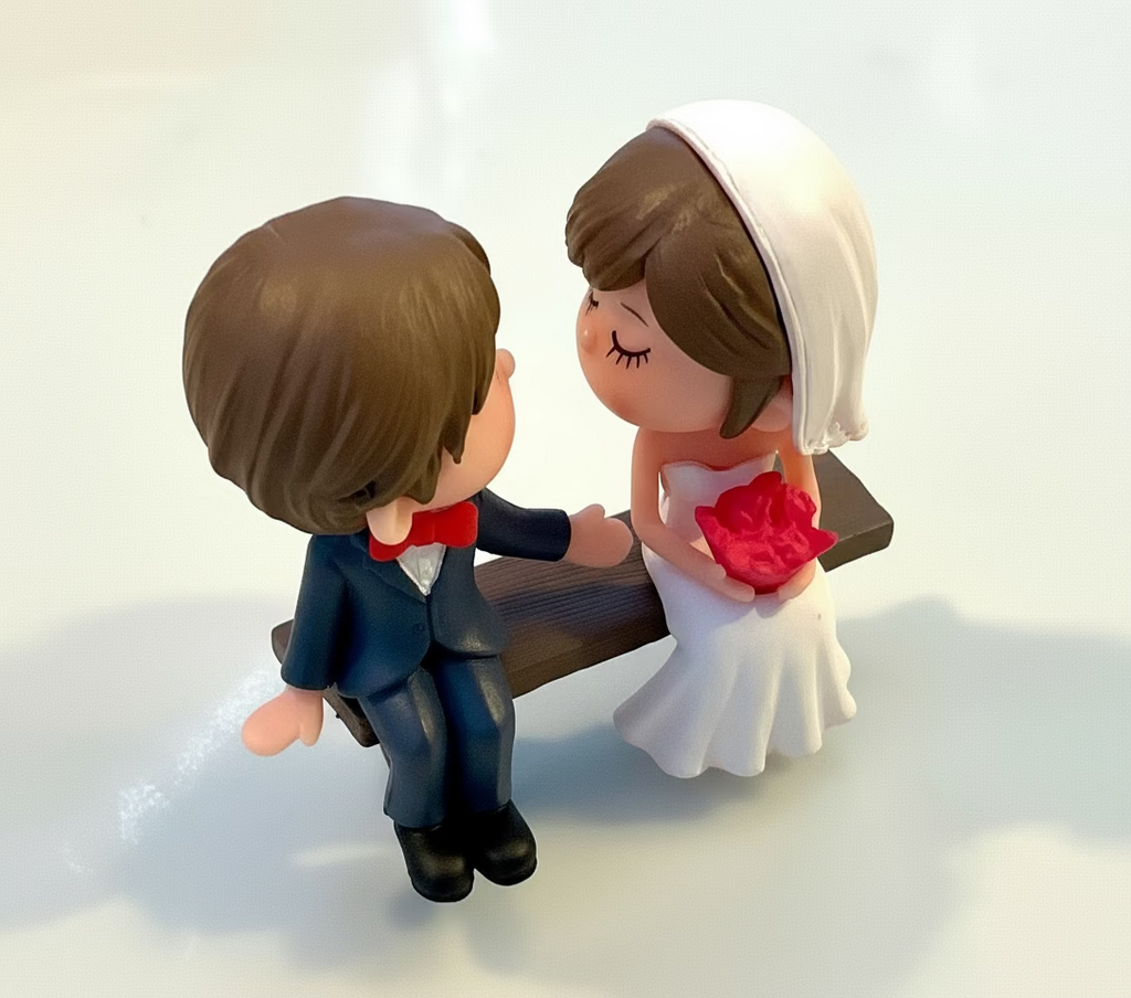 Bride and Groom Figurines sitting on Bench