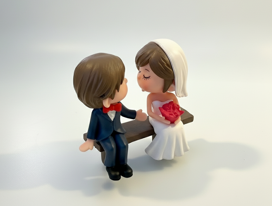 Bride and Groom Figurines sitting on Bench