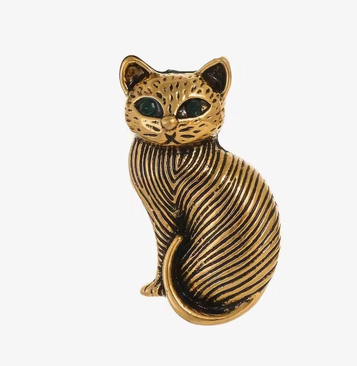 Gold Cat Brooch with Green Eyes