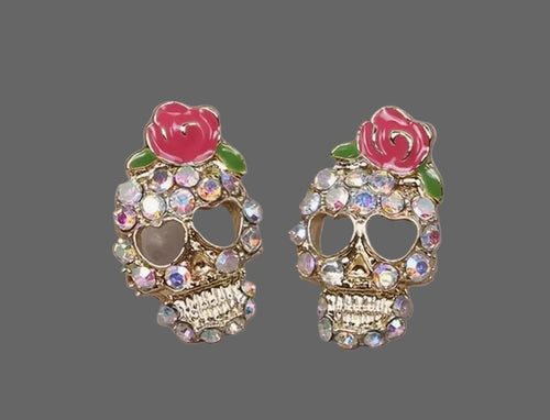 Zirconia Rose and Skull Stud Earrings