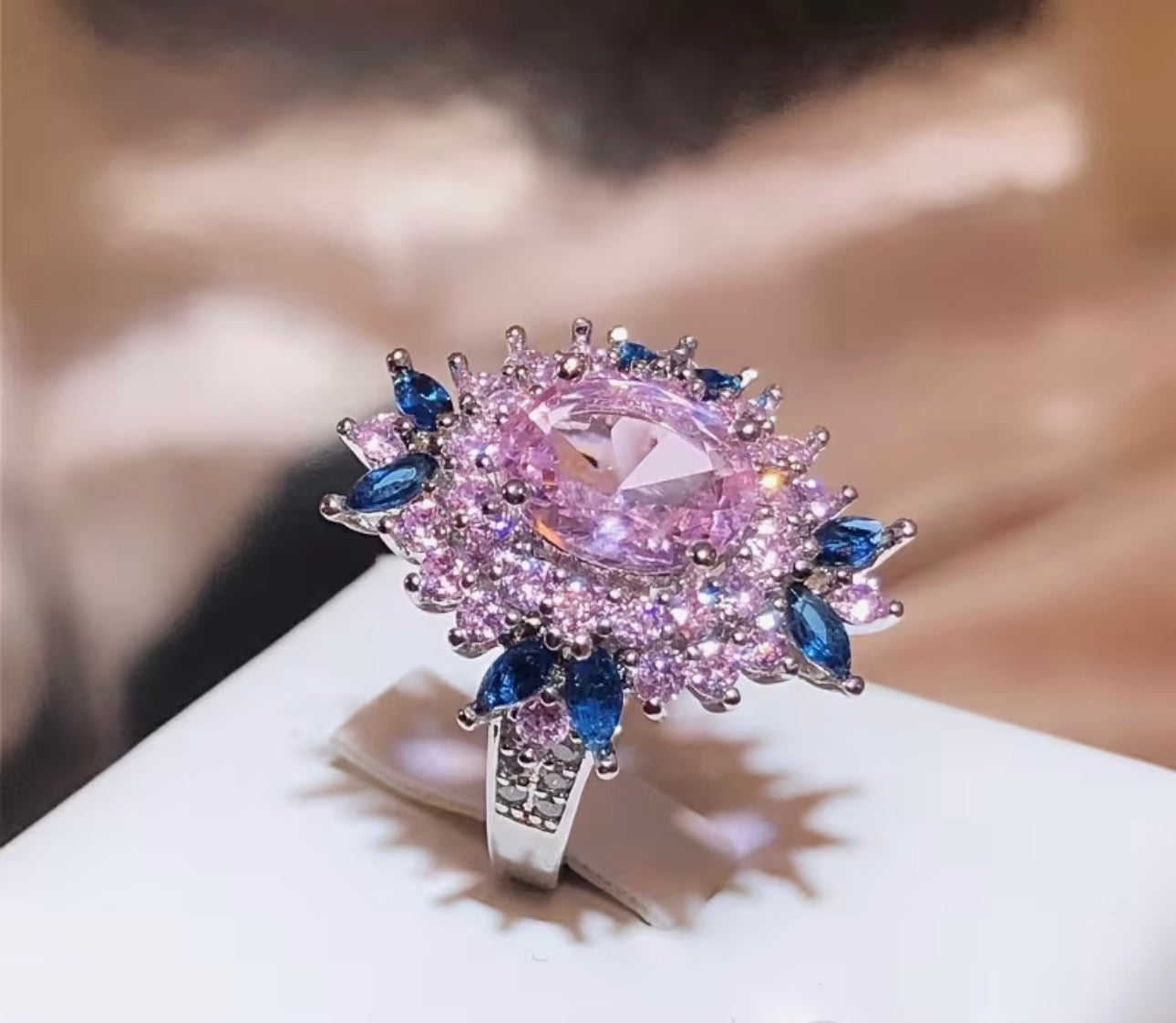 Pink and Blue Zirconia Silver Plated Ring