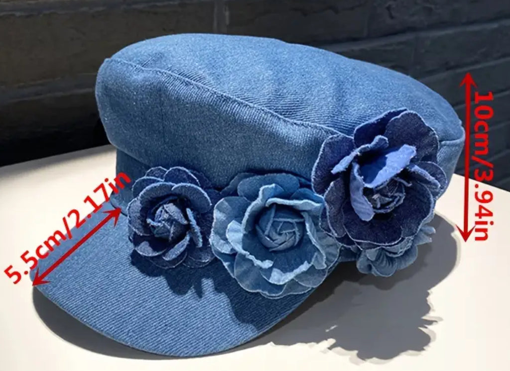 Casquette gavroche à fleurs en denim bleu