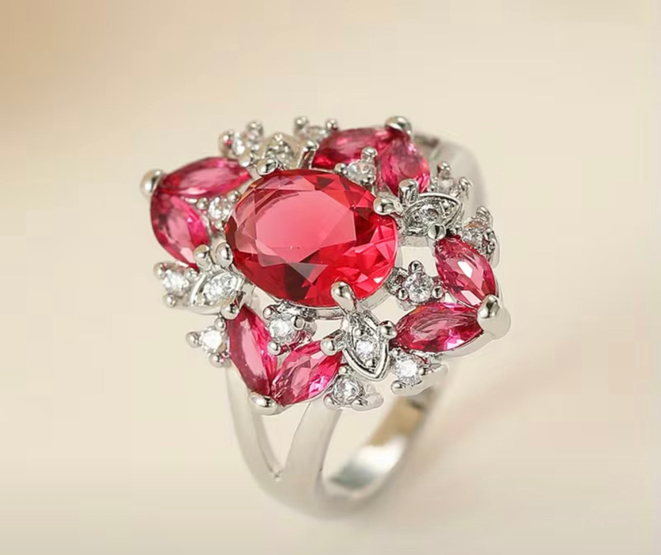 Red Zirconia Flower Ring