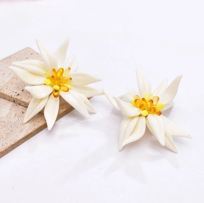 Resin Boho White Dahlia Flower earrings