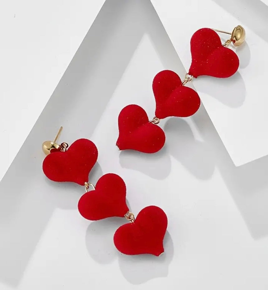 Dangling Velvet Red Hearts Earring