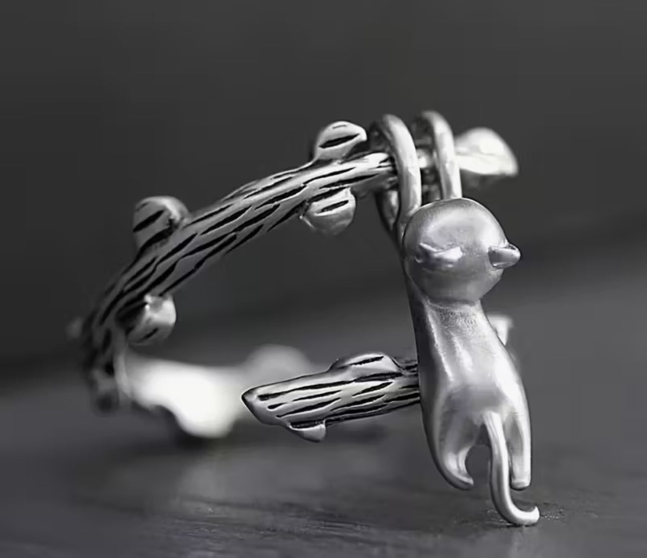 Silver plated Hanging Cat Ring