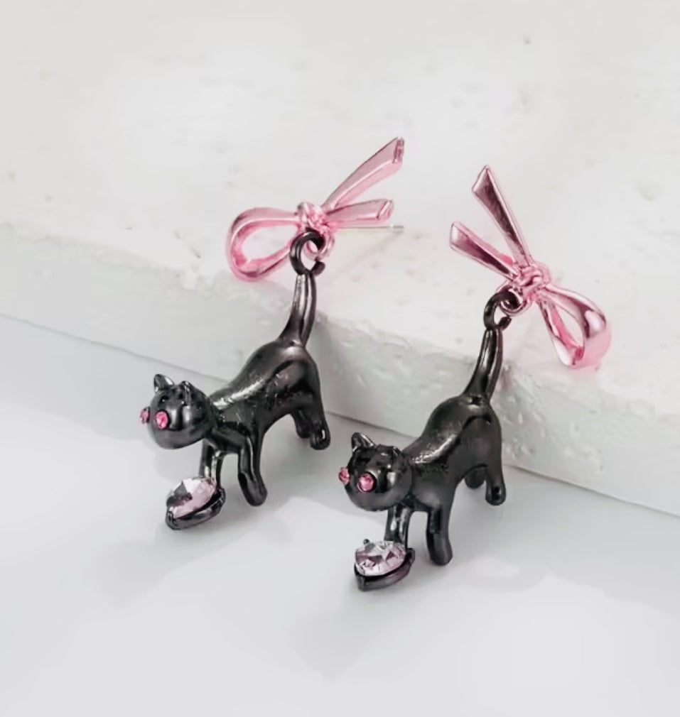 Pink Bow Black Cat earrings