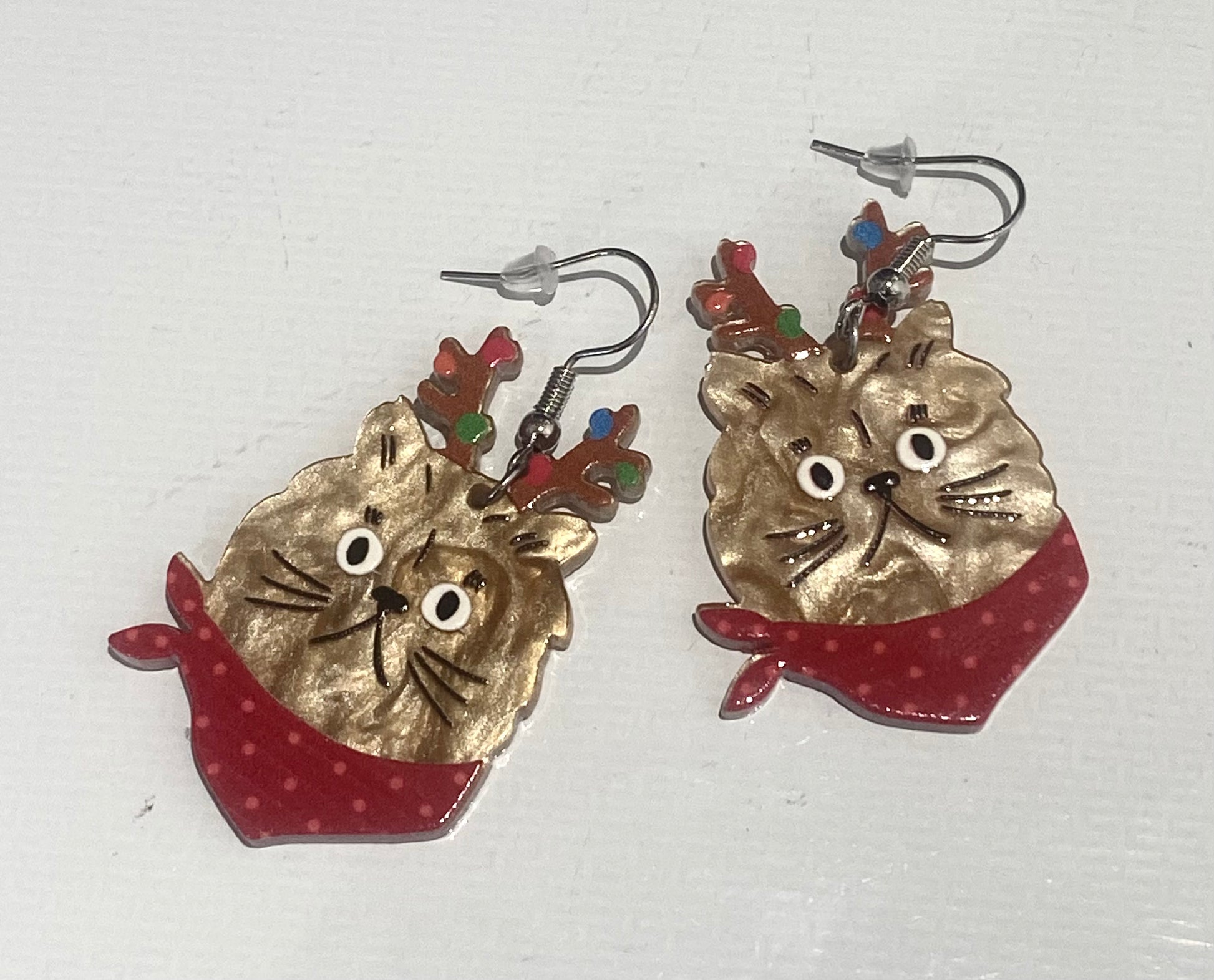 Christmas Cat Earrings - Cat with Antlers