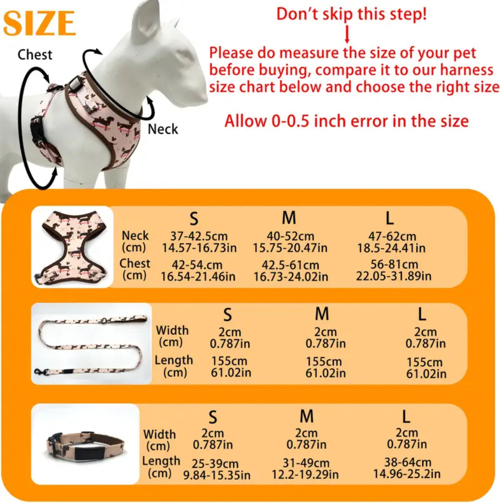 Dachshund Print Harness & leash set (4 pieces)