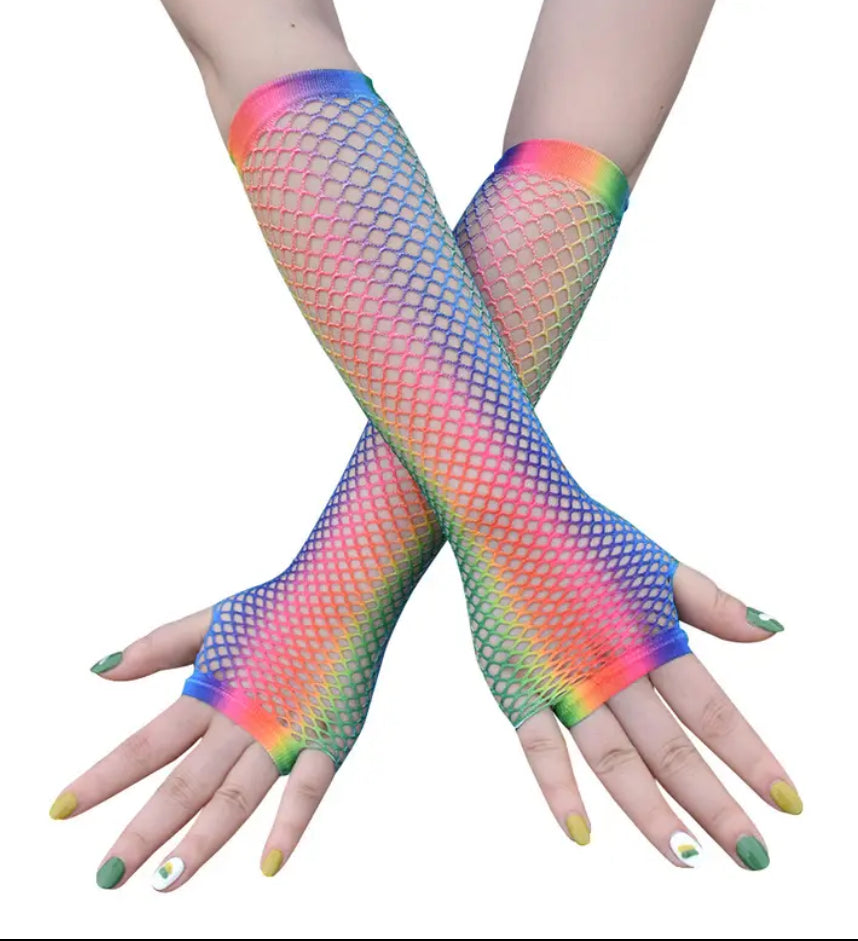 Rainbow Fishnet Fingerless Gloves