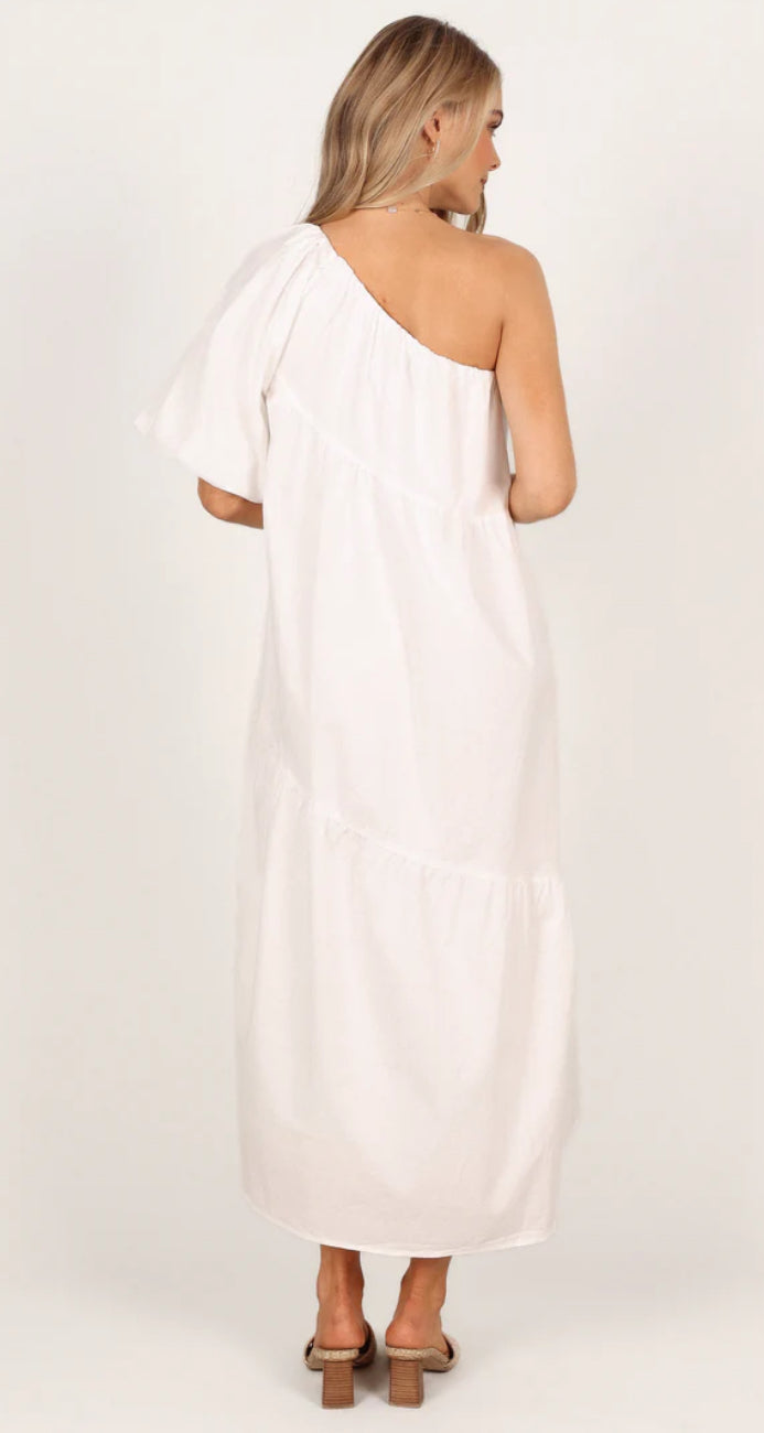 100% Cotton One shoulder puff sleeve midi dress (white)