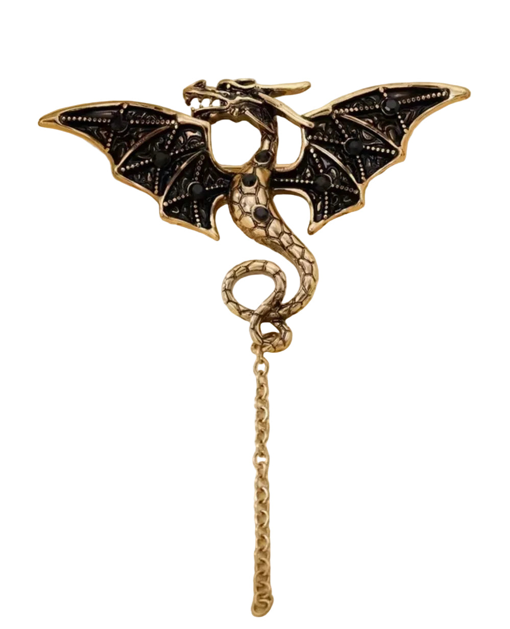 Gold and Dragon Brooch with Black Zirconia