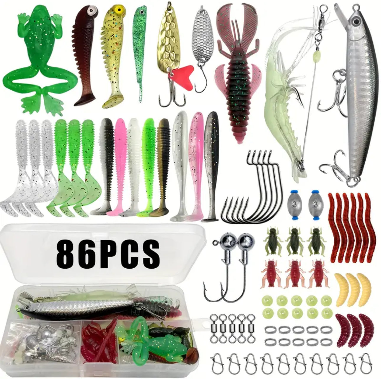 Coffret d'appâts et de matériel de pêche (86 pièces)