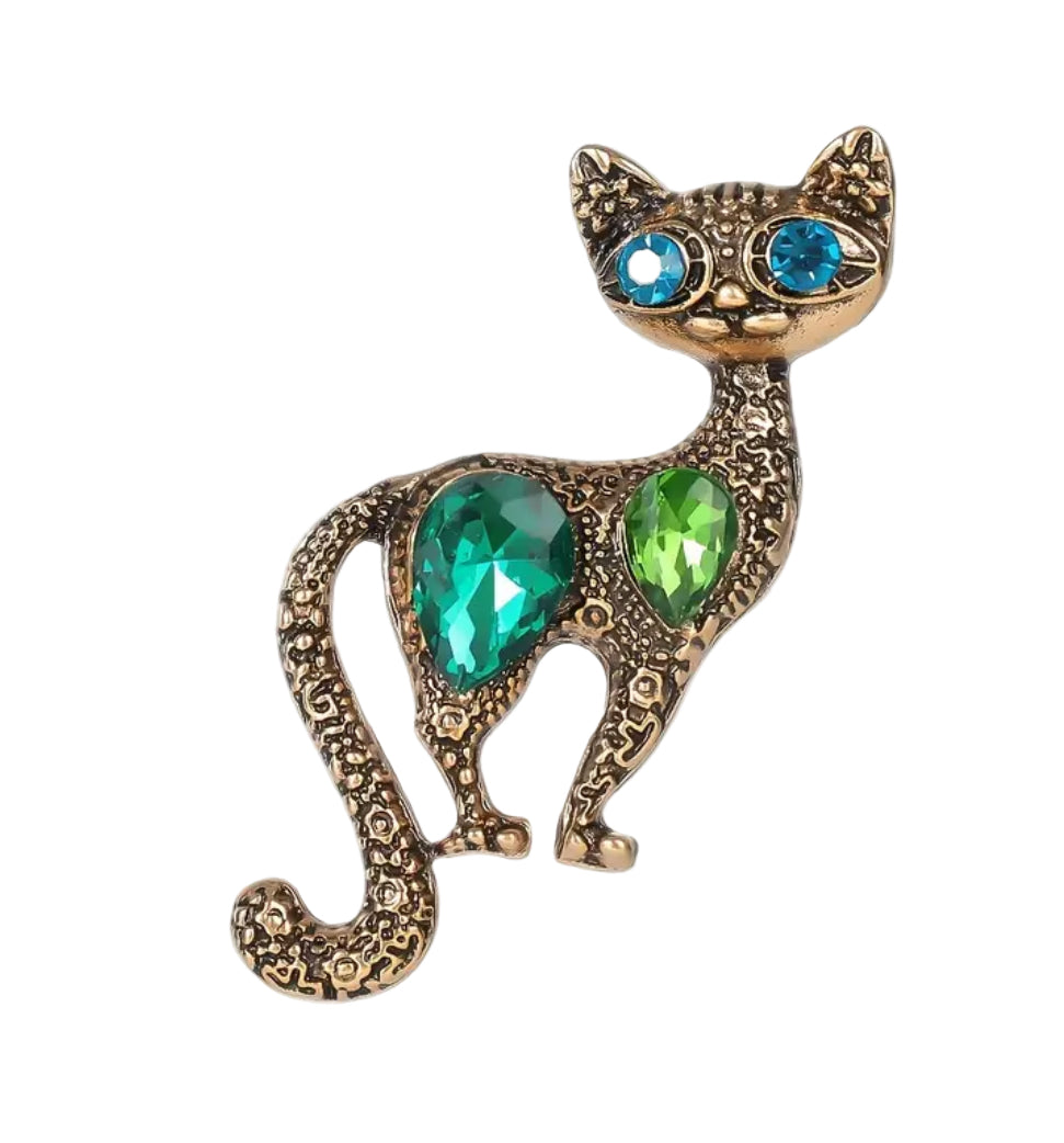 Gold Cat Brooch with Blue Eyes