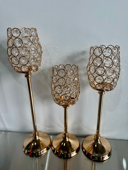 Gold Stemmed Crystal Candle Holder Trio