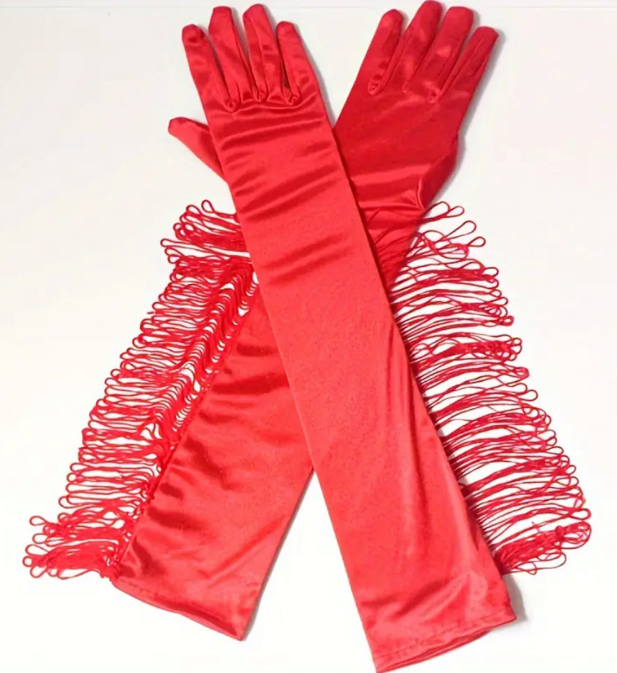 Red tassel satin gloves