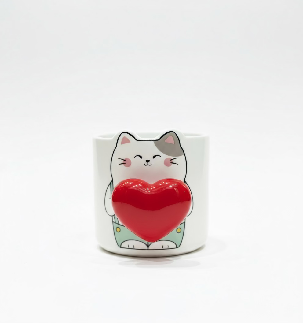 Cat with Heart Handle Mug